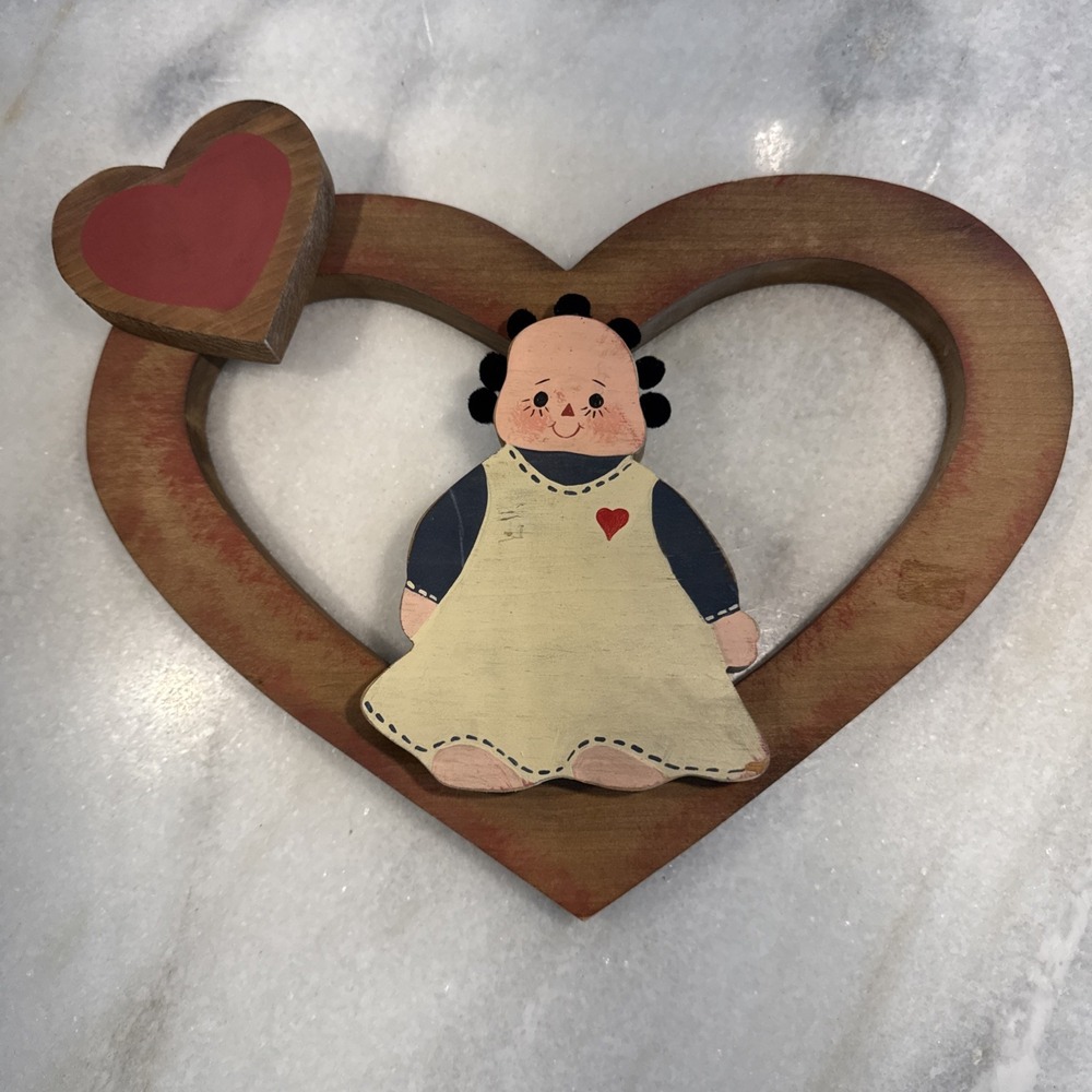 Vintage Folk Art‎ Wood Wall Hanging Heart With Country Girl